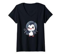 Mujer Elegante linda señora pingüino de dibujos animados con pelo largo Camiseta Cuello V