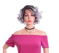 Mujer Elegante Negro Raíz Cabello Corto Peluca Encaje Frontal Chinos Sombrero Mecanismo Cordón Frente Gris