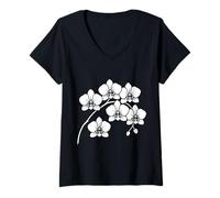 Mujer Elegante Silueta de Flor de orquídea Blanca en Formas Negras Mania Camiseta Cuello V
