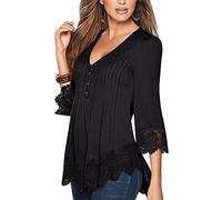 Mujer Elegantes Suelto V-Cuello Blusas Manga Larga Camisas Tops Negro XL