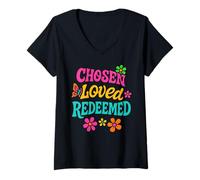 Mujer Elegido Amado Redimido Floral Cita Cristiana Fe Camiseta Cuello V