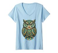 Mujer Elemental Folk Art Owl Symmetrical Mandala Bird Graphic Camiseta Cuello V