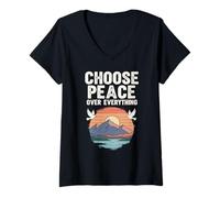 Mujer Elige la Paz sobre Todo Paloma Puesta del Sol Montaña Positivo Camiseta Cuello V