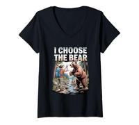 Mujer Elijo el Oso Excursionista Tomando Foto de Oso en Bosque Camiseta Cuello V