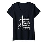 Mujer Ella es conocida Amada elegida lo Suficientemente digna Ella es yo Soy Ella Camiseta Cuello V