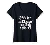 Mujer Ella Es Flores Silvestres Y Cielos Oscuros - Mujer Nature Garden Camiseta Cuello V