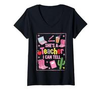 Mujer Ella es una Maestra Que Puedo decirle a Howdy Western Classroom Camiseta Cuello V