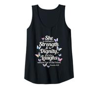 Mujer Ella Está Vestida De Fuerza Dignidad Linda Mariposa Religiosa Camiseta sin Mangas