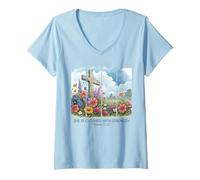 Mujer Ella está vestida de fuerza versículo bíblico cruz flores silvestres Camiseta Cuello V