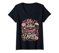 Mujer Ella está Vestida de Fuerza y dignidad Proverbios bíblicos Camiseta Cuello V