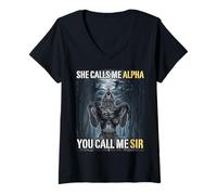 Mujer Ella Me Llama Alfa Me Llamas Señor Funny Alpha Wolf Meme Camiseta Cuello V