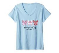 Mujer Emblema de arco de Proverbios 31 She Is Worthy Camiseta Cuello V