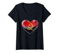 Mujer Emblema de ascendencia de raíces de corazón de Herencia Familiar angoleña Camiseta Cuello V