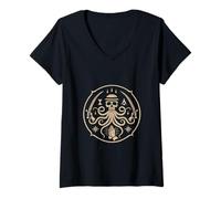 Mujer Emblema de Calavera Oculta y Pulpo | Ilustración mística Vintage Camiseta Cuello V