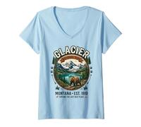 Mujer Emblema de Oso Pardo Vintage del Parque Nacional Glacier Montana Camiseta Cuello V
