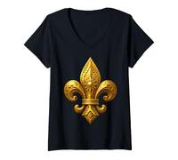 Mujer Emblema heráldico Art Deco Fleur-De-LYS con Detalle geométrico Camiseta Cuello V
