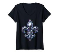 Mujer Emblema heráldico de Flor de lis Estilo Digital Camiseta Cuello V