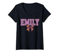 Mujer Emily Leopard Bow Bow Name Diseño para Mujeres y niñas Camiseta Cuello V