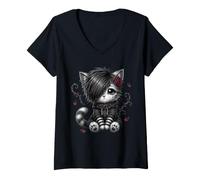 Mujer EMO Cat Rose Regalos góticos Amante de los Gatos Goth Girl Dark Kitty Camiseta Cuello V