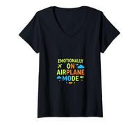 Mujer Emocionalmente en Modo avión Divertido diseño de Estado de ánimo Camiseta Cuello V