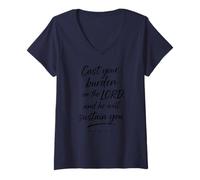 Mujer Empuja tu Carga sobre el Señor Salmo 55:22 Fe Fuerza Dios Camiseta Cuello V