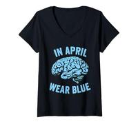 Mujer En Abril Nos vestimos de Azul para la Conciencia sobre el Autismo - Diseño del Cerebro Camiseta Cuello V