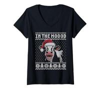 Mujer En el moood, divertido juego de palabras de vaca de Navidad cara fea suéter Camiseta Cuello V