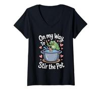 Mujer En mi camino a remover la olla divertido sarcasmo de rana broma gráfica Camiseta Cuello V