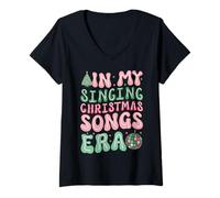 Mujer En mi época de Cantar Canciones navideñas - Cute Groovy Xmas Camiseta Cuello V