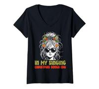 Mujer En mi época de Cantar Canciones navideñas - Cute Groovy Xmas Camiseta Cuello V