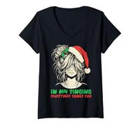 Mujer En mi época de Cantar Canciones navideñas - Cute Groovy Xmas Camiseta Cuello V