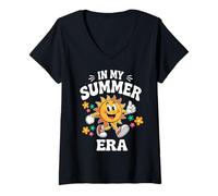 Mujer En Mi Era Verano Retro Groovy Último Día de Vacaciones Escolares Camiseta Cuello V