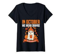 Mujer En Octubre llevamos el Fantasma de Halloween de concienciación sobre el TDAH Naranja Camiseta Cuello V