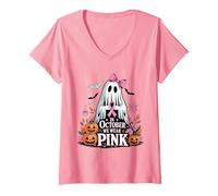 Mujer En Octubre llevamos un Fantasma Rosa sosteniendo una Cinta de cáncer de Mama Camiseta Cuello V