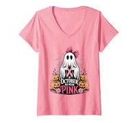 Mujer En Octubre llevamos un Lindo Fantasma Rosa con Cinta de cáncer de Mama Camiseta Cuello V