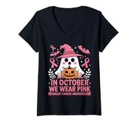Mujer En Octubre llevamos un Lindo Sombrero de Bruja Fantasma Rosa Calabaza Camiseta Cuello V