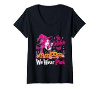 Mujer En Octubre vestimos de Rosa Bruja Cáncer Halloween Camiseta Cuello V
