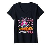 Mujer En Octubre vestimos de Rosa Bruja Cáncer Halloween Camiseta Cuello V