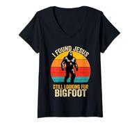 Mujer Encontré a Jesús todavía Buscando Bigfoot Retro Vintage Camiseta Cuello V