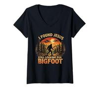 Mujer Encontré a Jesús todavía Buscando Bigfoot Retro Vintage Camiseta Cuello V