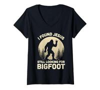 Mujer Encontré a Jesús todavía Buscando una Aventura de diseño de Bigfoot Camiseta Cuello V