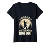 Mujer Encontré a Jesús todavía Buscando una Aventura de diseño de Bigfoot Camiseta Cuello V