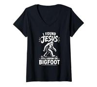 Mujer Encontró a Jesús Todavía Buscando Bigfoot Funny Christian Church Camiseta Cuello V