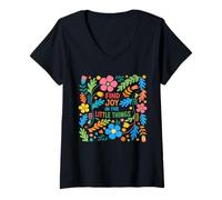 Mujer Encuentra alegría en Las pequeñas Cosas Lindas afirmaciones Florales de Primavera Camiseta Cuello V