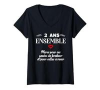 Mujer Encuentro Amour Anniversaire Pareja 2 años Mignon Camiseta Cuello V