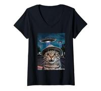 Mujer Encuentro OVNI Gato Sorprendido Divertido Raro Camiseta Cuello V