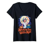 Mujer Enfermera Bruja De Día Noche Divertido Halloween RN Nicu Er Camiseta Cuello V