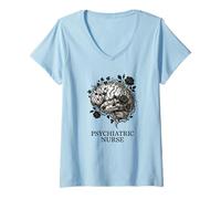 Mujer Enfermera Psiquiátrica Salud Mental Flores Cerebro Psicología Camiseta Cuello V