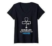 Mujer Enfermera Scrub Vida Apoyada por Oración Christian Camiseta Cuello V