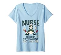 Mujer Enfermera Vintage Impulsado por Café & Caos RN Médico Camiseta Cuello V